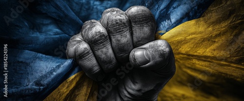 Powerful Gesture of Unity With a Clenched Fist Holding a Waving Ukrainian Flag in Dramatic Black and White and Color Contrast