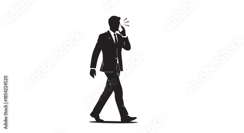 Silhouette of a man in a suit engaging in a phone conversation while walking
