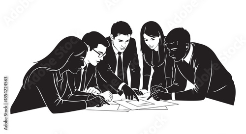 A group of diverse business professionals collaborating on a strategic document in a meeting