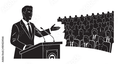 A professional speaker delivers an engaging presentation to a large, attentive audience in a conference setting