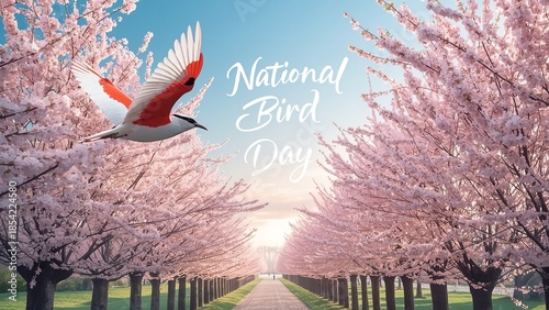 A vibrant bird flies through a serene landscape of blooming cherry blossom trees on National Bird Day