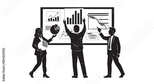 Business professionals collaborating to analyze data and charts on a presentation board.
