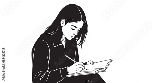 Focused woman in a monochrome illustration diligently writing in her notebook with a pen