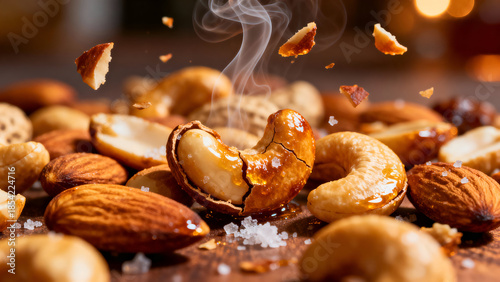 Roasted almonds, cashews and peanuts with honey drizzle and steam effect.