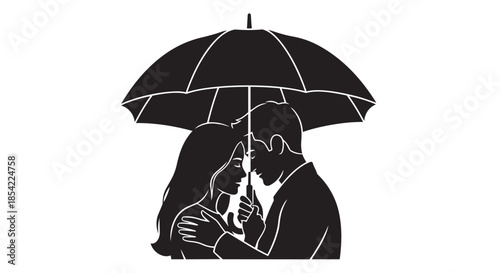 Romantic couple standing intimately under an umbrella, sharing a tender moment in the rain