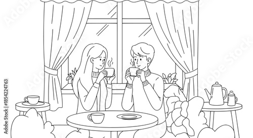 Couple enjoying a warm cup of coffee together on a cozy afternoon Vector