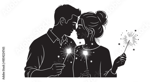 Romantic silhouette couple celebrating with sparklers, symbolizing love and joy