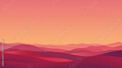 A serene landscape of rolling hills at sunset with a vibrant orange sky