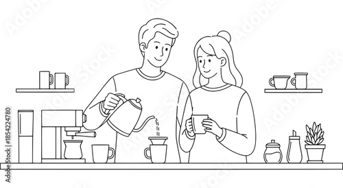 Couple enjoying making coffee together at home Vector