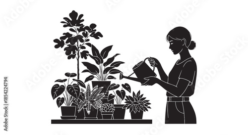 A woman tending to her lush indoor garden, watering a variety of potted houseplants with care