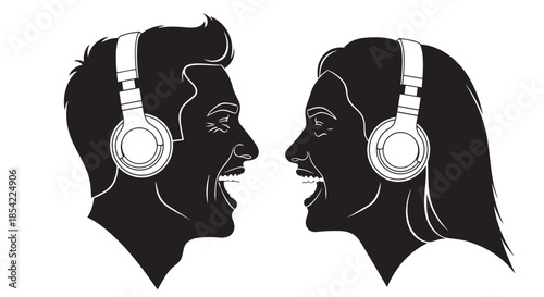Dynamic audio interaction: man and woman enjoying music with expressive singing