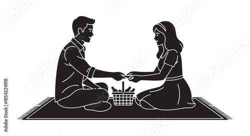 A loving couple enjoying a romantic outdoor picnic together, sharing food from a basket