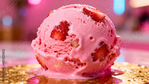 Pink strawberry ice cream scoop with fresh strawberry pieces and melting texture.