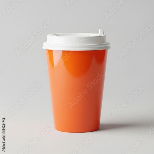 Vibrant orange disposable coffee cup with a white lid standing against a plain light gray background