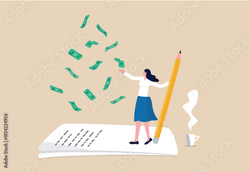 Make money from writing blog online, monetize content, get income or earning from affiliate links concept, success freelance woman blogger or writer catching money banknotes fall from the sky.