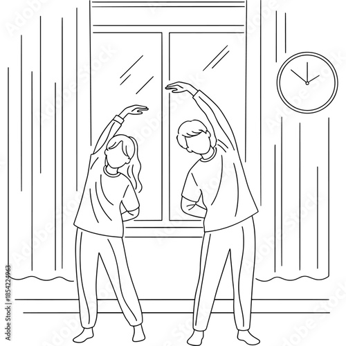 Two people stretching side-to-side near a window with a clock on the wall Vector