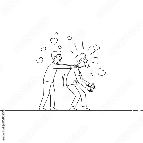 A man aggressively hugs another man with hearts surrounding them Vector