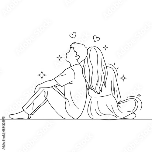 Couple sitting together with hearts and sparkles symbolizing love and happiness Vector