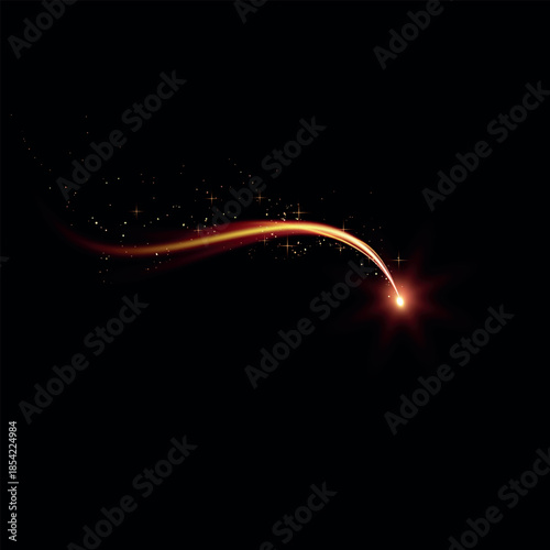 Falling burn star, asteroid or comet with fire and twinkle tail, realistic vector wave flying light with golden trail