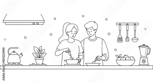 Couple cooking together in a modern kitchen with various appliances Vector