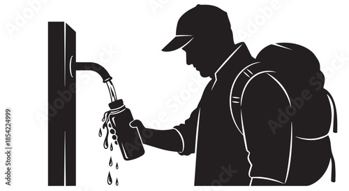 A hiker refilling their water bottle from a public tap, emphasizing hydration during travel