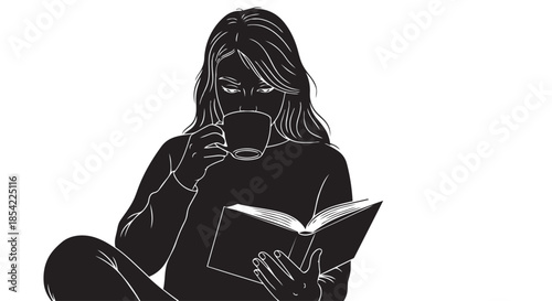 A serene silhouette of a woman enjoying a book and a warm drink in quiet contemplation