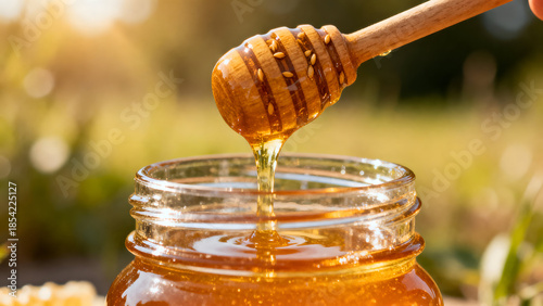 Golden honey dripping from a wooden dipper into a glass jar with natural background.