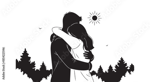 A heartfelt embrace shared between a loving couple amidst the serene beauty of nature