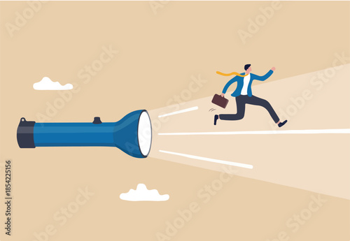 Business direction guidance, career path or solution to reach goal, mentorship, help and manager support, find the way concept, confidence businessman running forward on torch flashlight light beam