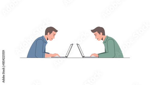 Two focused male professionals diligently working on individual laptops, illustrating a scene of modern digital productivity, remote work capabilities, and dedicated task completion