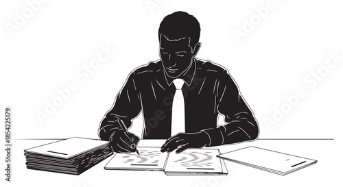 A professional man intently focused on writing documents at his office desk, managing paperwork