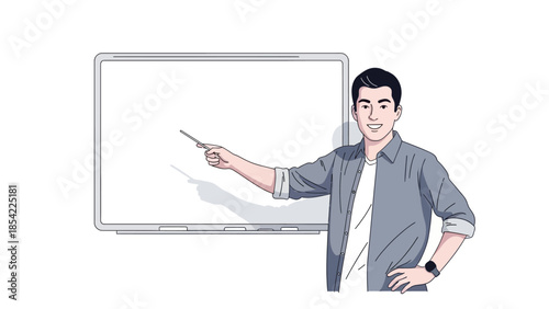 Friendly male instructor or presenter gesturing towards a blank white board, perfect for illustrating concepts, business training, educational lessons, and informational content creation