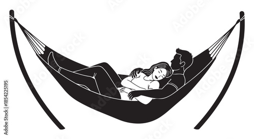 A loving couple peacefully relaxing and cuddling together in a comfortable hammock