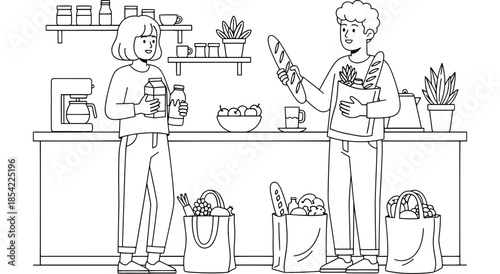 Couple unpacking groceries in a modern kitchen Vector