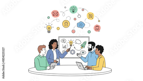 Dynamic team members engaging in a collaborative brainstorming session, developing innovative business strategies and creative solutions for project success