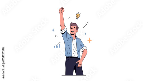 A triumphant young man celebrates his success and achievement, inspired by a brilliant idea, symbolizing growth and positive concept of victory in his professional journey