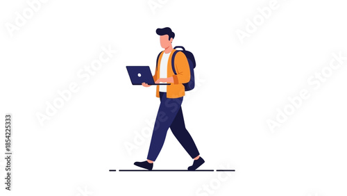 A stylized depiction of a man confidently walking with a laptop and backpack, embodying the concepts of remote work, digital nomadism, and flexible professional life in a connected world