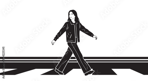 A young woman walking confidently across a stylized street in a minimalist black and white illustration
