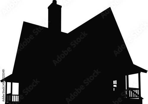 Black silhouette of a classic craftsman house with a large chimney and wrap around porch isolated on a white background