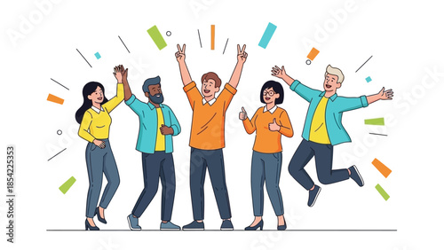 A diverse team of animated characters joyfully celebrates a successful achievement, surrounded by falling confetti, embodying triumph and teamwork in a vibrant display