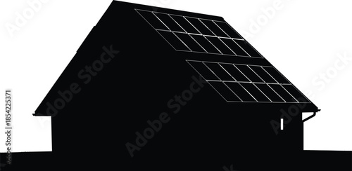 Black silhouette of a modern eco friendly house with solar panels on the roof isolated on a white background for sustainability
