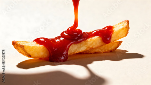 Golden french fries with glossy red ketchup pouring on top, minimal background.