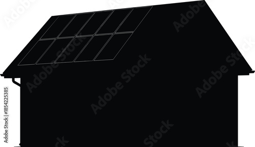 Black silhouette of a modern residential house with rooftop solar panels isolated on white background for renewable energy and sustainability