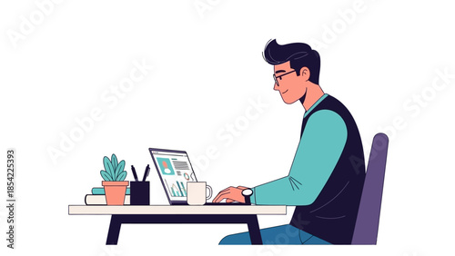 Focused professional diligently working on a laptop at a modern desk, an ideal visual for remote work, online education, and digital productivity from a home office