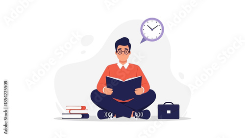 Focused student or professional reading a book with dedication. Clock icon signifies efficient time management and continuous learning in an educational setting