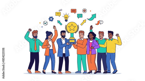 Diverse Team Celebrating Collective Business Success and Innovation with a Trophy - A Symbol of Partnership, Growth, and Achieved Goals