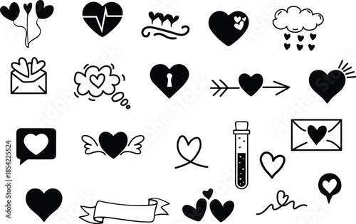Collection of black heart symbols and icons on white background