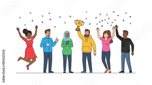 Cheerful illustration of a diverse team celebrating an accomplishment, with a golden trophy, confetti, and joyful expressions, symbolizing shared success, teamwork, and a triumphant moment