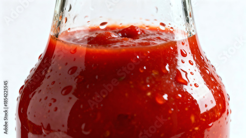 Fresh tomato sauce in a transparent glass bottle with condensation on white background.