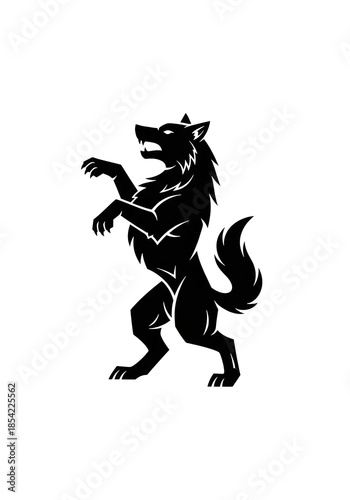 a solid jet-black geometric silhouette of an aggressive heraldic wolf, standing rampant with sharp edges, centered on a pure white background, digital vector illustration style. Concept of historical